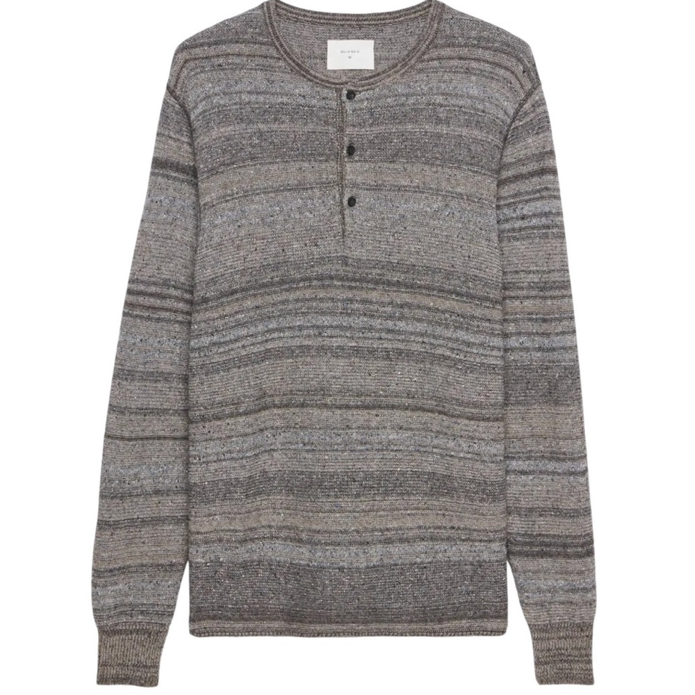 Billy‎ Reid Textured Striped Henley Gray Crewneck Sweater XL